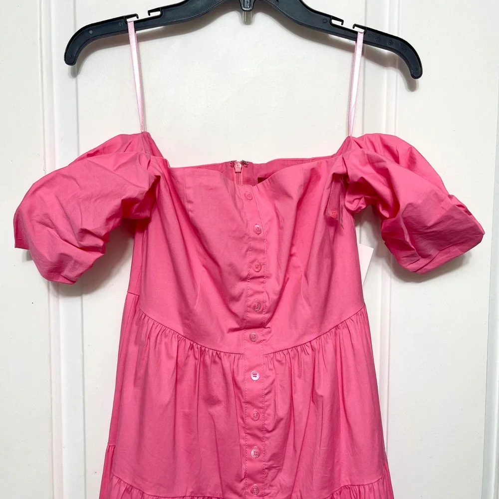 STAUD Elio Button Down Off the Shoulder Midi Dress in Pink Plumeria Size 6 - Picture 4 of 7